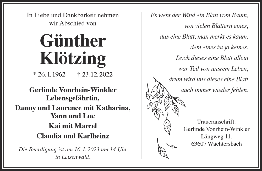  Traueranzeige für Günther Klötzing vom 07.01.2023 aus Gelnhäuser Neue Zeitung