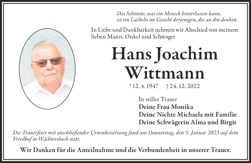  Traueranzeige für Hans Joachim Wittmann vom 07.01.2023 aus Mittelhessen-Bote
