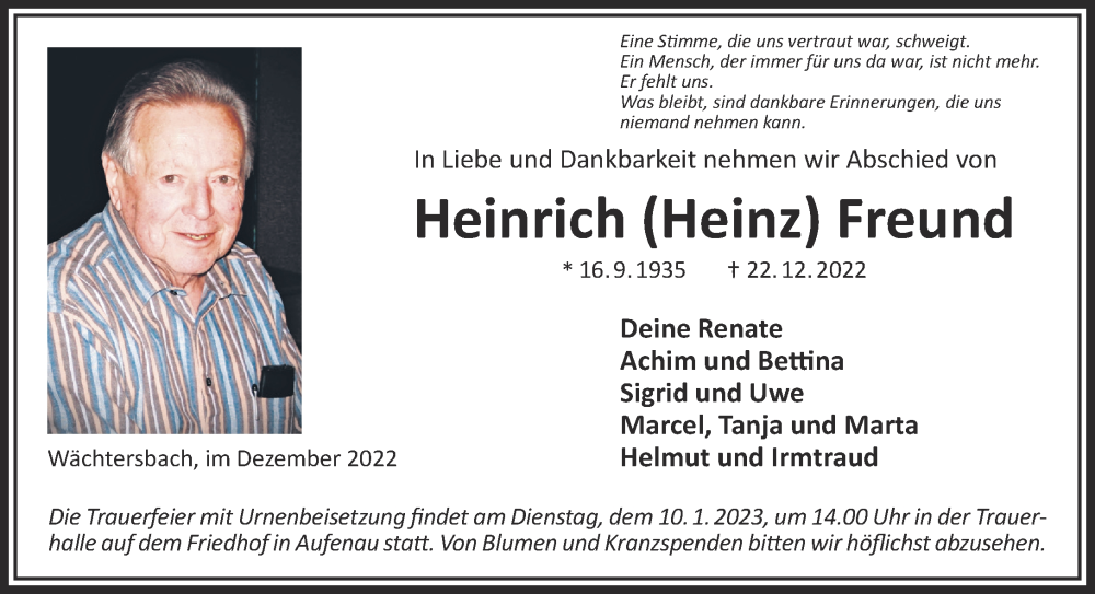  Traueranzeige für Heinrich  Freund vom 07.01.2023 aus Mittelhessen-Bote