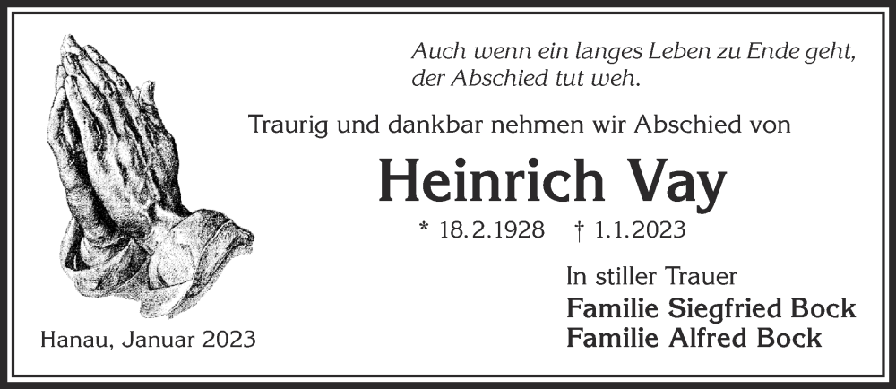  Traueranzeige für Heinrich Vay vom 07.01.2023 aus Mittelhessen-Bote