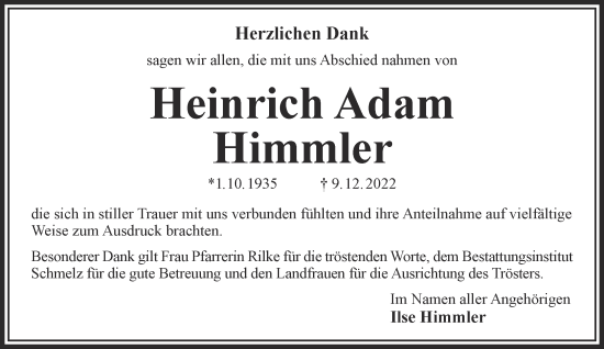 Traueranzeige von Heinrich Adam Himmler von Mittelhessen-Bote