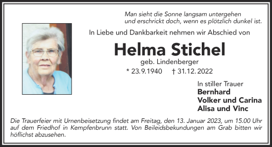 Traueranzeige von Helma Stichel von Gelnhäuser Neue Zeitung