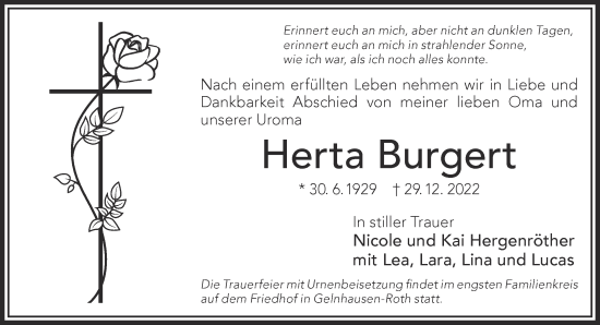 Traueranzeige von Herta Burgert von Gelnhäuser Neue Zeitung