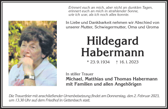 Traueranzeige von Hildegard Habermann von Gelnhäuser Neue Zeitung