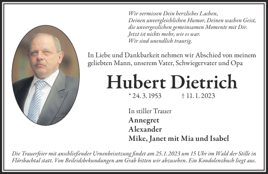 Traueranzeige von Hubert Dietrich von Gelnhäuser Neue Zeitung
