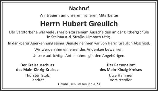 Traueranzeige von Hubert Greulich von Mittelhessen-Bote