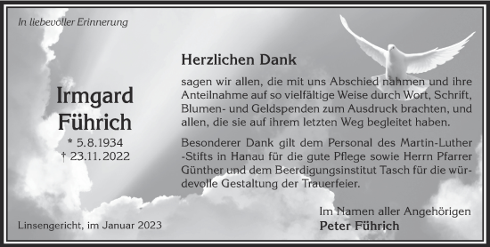 Traueranzeige von Irmgard Führich von Gelnhäuser Neue Zeitung