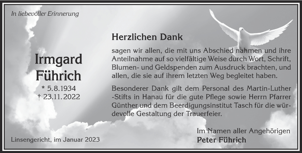  Traueranzeige für Irmgard Führich vom 28.01.2023 aus Gelnhäuser Neue Zeitung