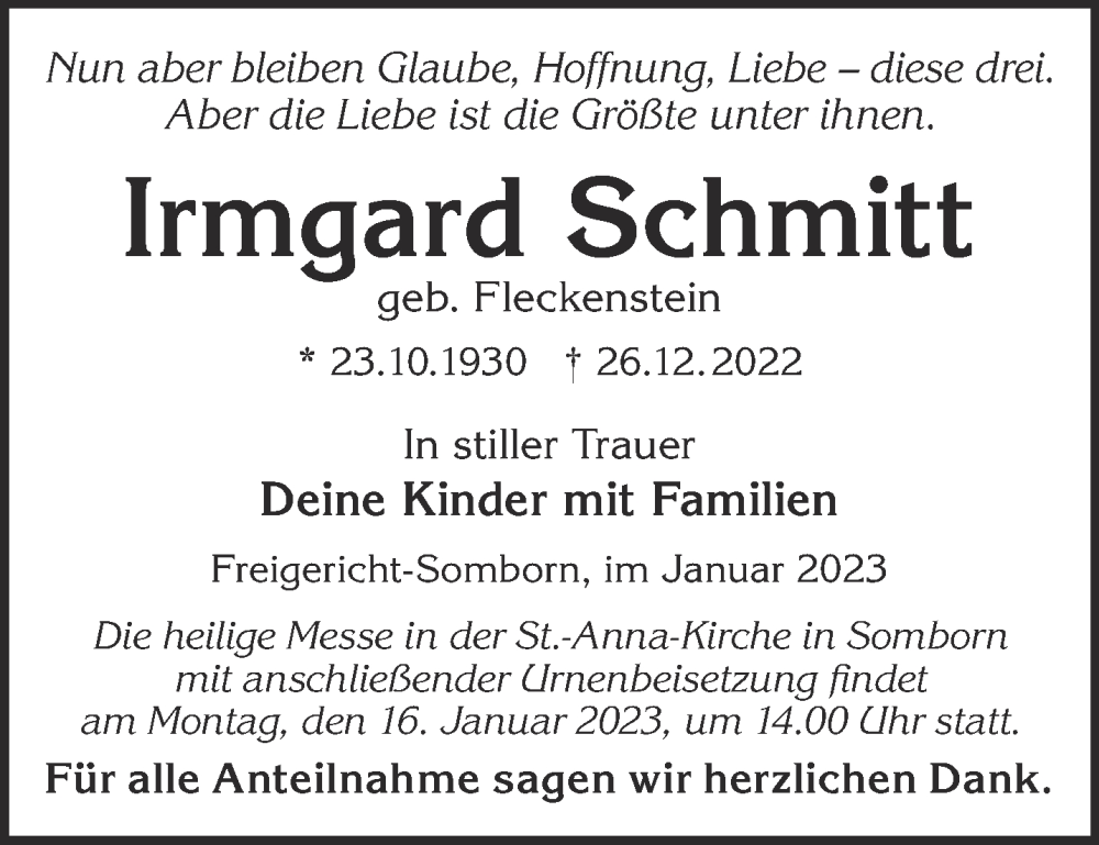  Traueranzeige für Irmgard Schmitt vom 07.01.2023 aus Gelnhäuser Neue Zeitung