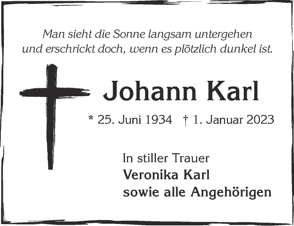  Traueranzeige für Johann Karl vom 07.01.2023 aus Gelnhäuser Neue Zeitung