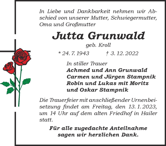 Traueranzeige von Jutta Grunwald von Gelnhäuser Neue Zeitung