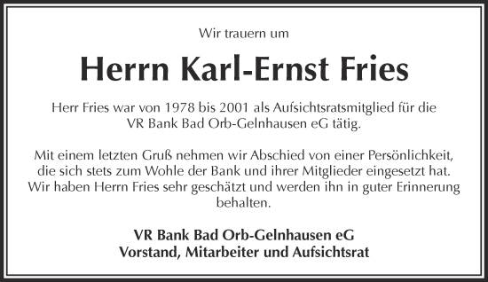 Traueranzeige von Karl-Ernst Fries von Mittelhessen-Bote