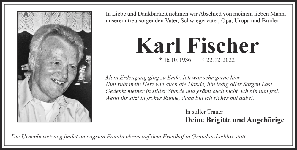  Traueranzeige für Karl Fischer vom 21.01.2023 aus Mittelhessen-Bote