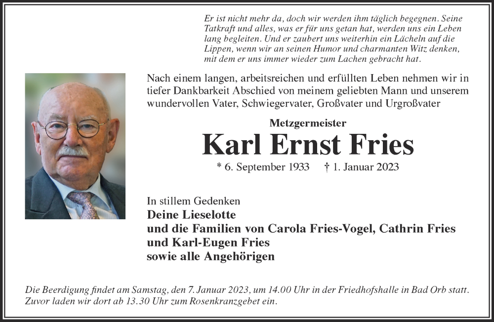  Traueranzeige für Karl Ernst Fries vom 07.01.2023 aus Mittelhessen-Bote