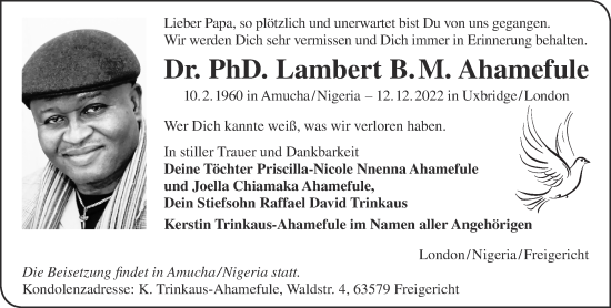 Traueranzeige von Lambert B.M. Ahamefule von Gelnhäuser Neue Zeitung