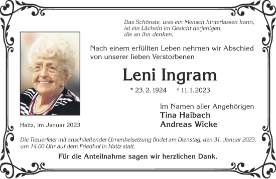 Traueranzeige von Leni Ingram von Mittelhessen-Bote