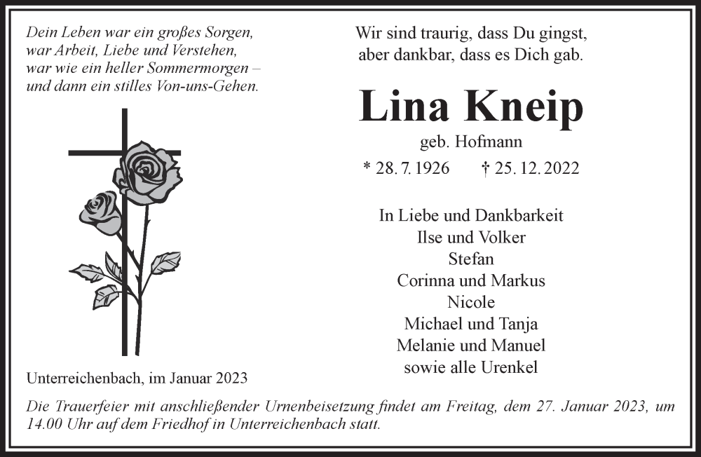  Traueranzeige für Lina Kneip vom 21.01.2023 aus Gelnhäuser Neue Zeitung