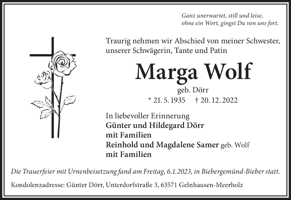  Traueranzeige für Marga Wolf vom 07.01.2023 aus Mittelhessen-Bote