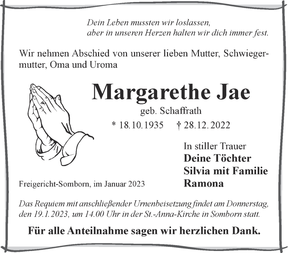  Traueranzeige für Margarethe Jae vom 07.01.2023 aus Mittelhessen-Bote