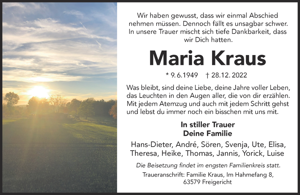  Traueranzeige für Maria Kraus vom 14.01.2023 aus Mittelhessen-Bote