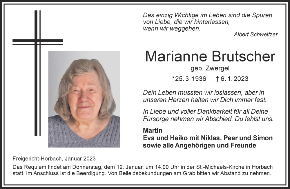  Traueranzeige für Marianne Brutscher vom 14.01.2023 aus Mittelhessen-Bote