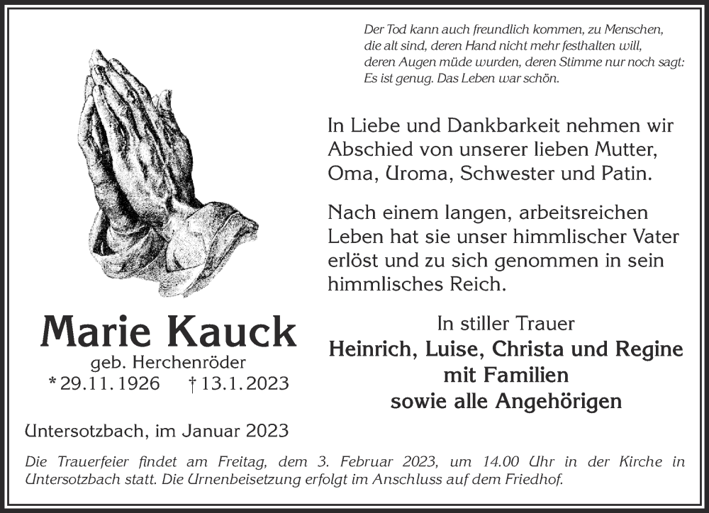  Traueranzeige für Marie Kauck vom 28.01.2023 aus Gelnhäuser Neue Zeitung