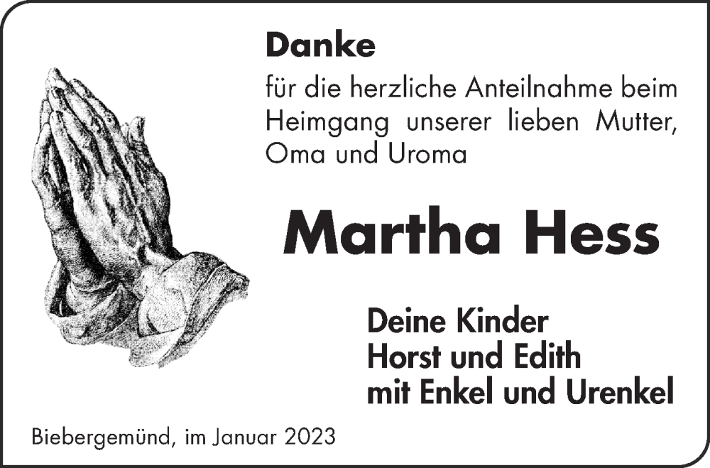  Traueranzeige für Martha Hess vom 21.01.2023 aus Gelnhäuser Neue Zeitung