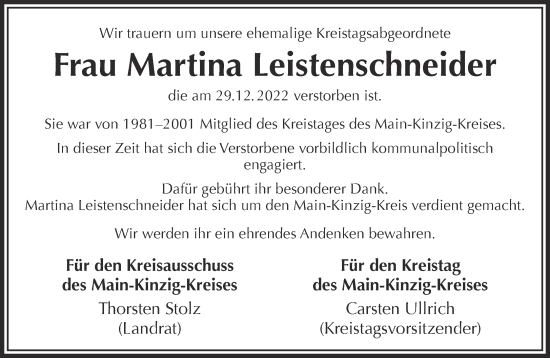 Traueranzeige von Martina Leistenschneider von Gelnhäuser Neue Zeitung