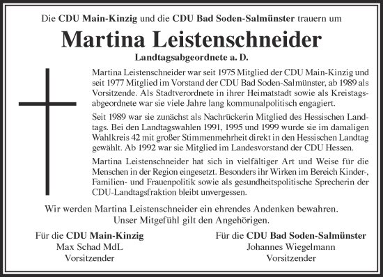 Traueranzeige von Martina Leistenschneider von Gelnhäuser Neue Zeitung