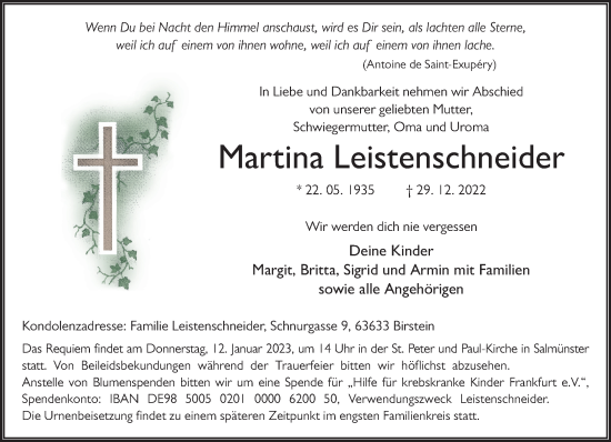 Traueranzeige von Martina Leistenschneider von Gelnhäuser Neue Zeitung