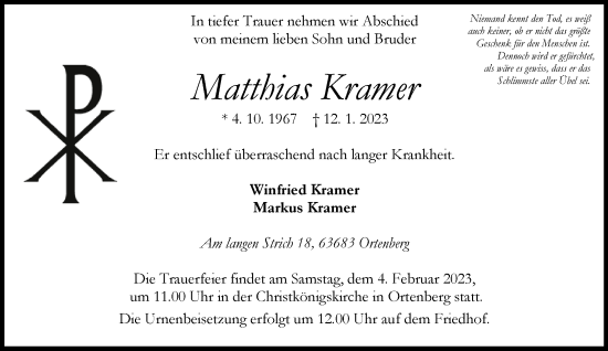 Traueranzeige von Matthias Kramer von Mittelhessen-Bote