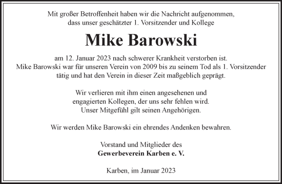Traueranzeige von Mike Barowski von Mittelhessen-Bote