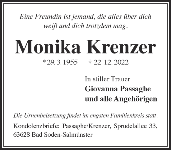 Traueranzeige von Monika Krenzer von Mittelhessen-Bote