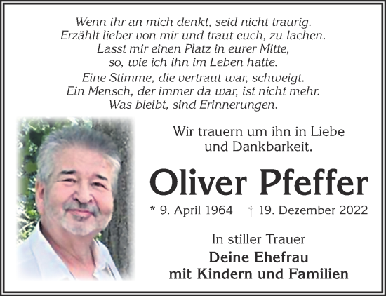 Traueranzeige von Oliver Pfeffer von Gelnhäuser Neue Zeitung