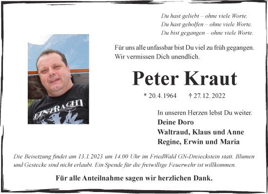 Traueranzeige von Peter Kraut von Gelnhäuser Neue Zeitung
