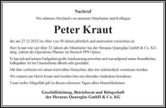 Traueranzeige von Peter Kraut von Gelnhäuser Neue Zeitung