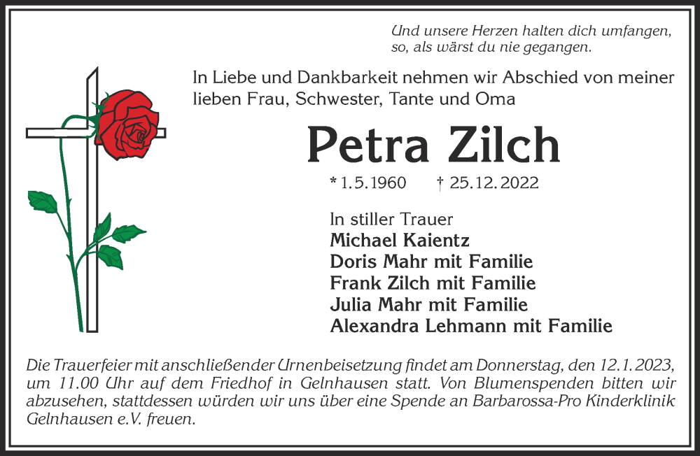  Traueranzeige für Petra Zilch vom 07.01.2023 aus Mittelhessen-Bote