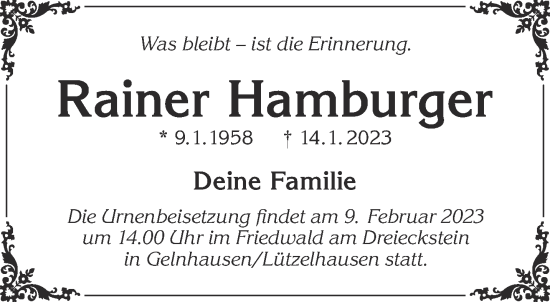 Traueranzeige von Rainer Hamburger von Gelnhäuser Neue Zeitung