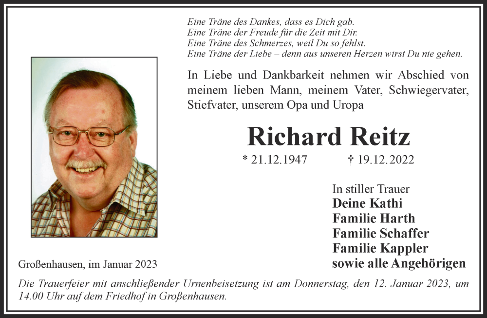  Traueranzeige für Richard Reitz vom 07.01.2023 aus Mittelhessen-Bote