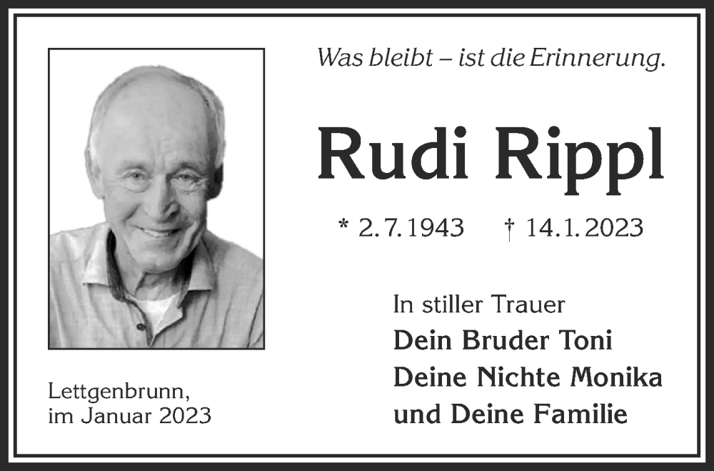  Traueranzeige für Rudi Ripl vom 28.01.2023 aus Mittelhessen-Bote