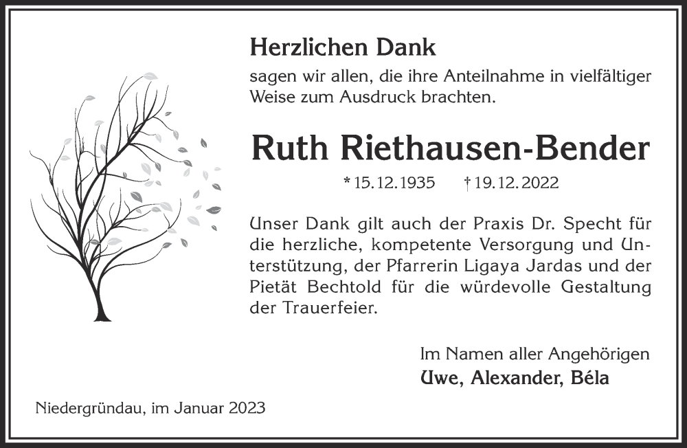  Traueranzeige für Ruth Riethausen-Bender vom 14.01.2023 aus Mittelhessen-Bote