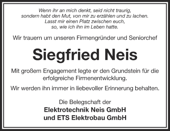 Traueranzeige von Siegfried Neis von Gelnhäuser Neue Zeitung