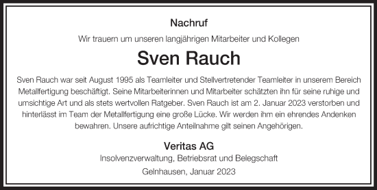 Traueranzeige von Sven Rauch von Gelnhäuser Neue Zeitung