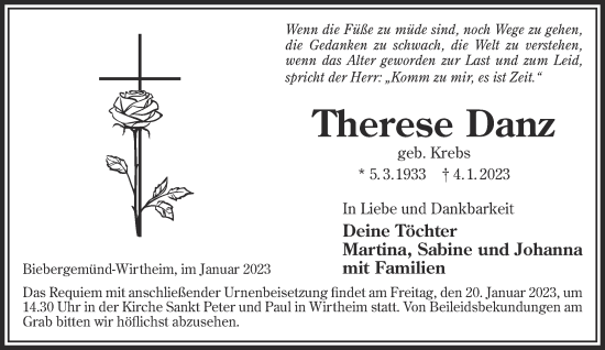 Traueranzeige von Therese Danz von Gelnhäuser Neue Zeitung