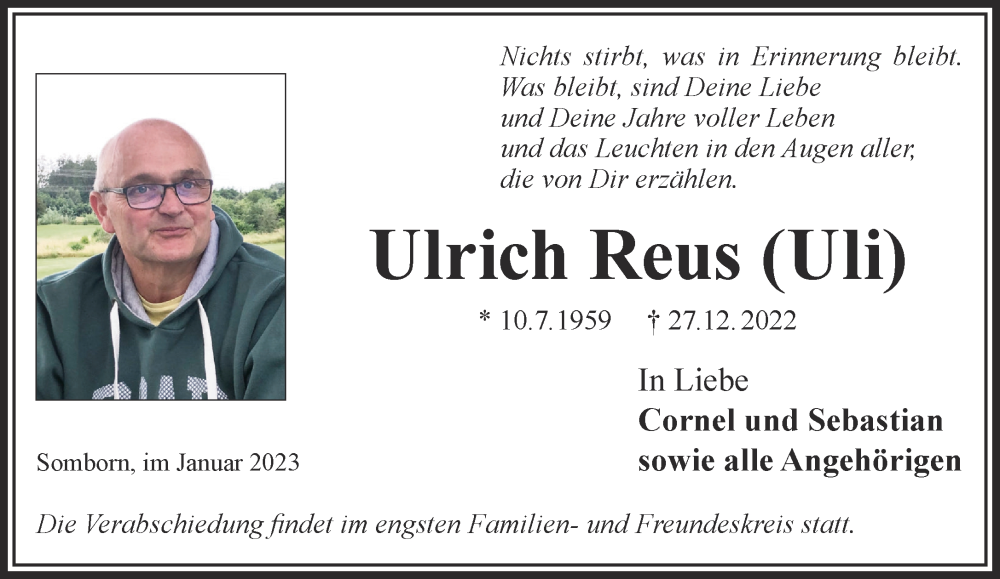  Traueranzeige für Ulrich Reus vom 07.01.2023 aus Mittelhessen-Bote