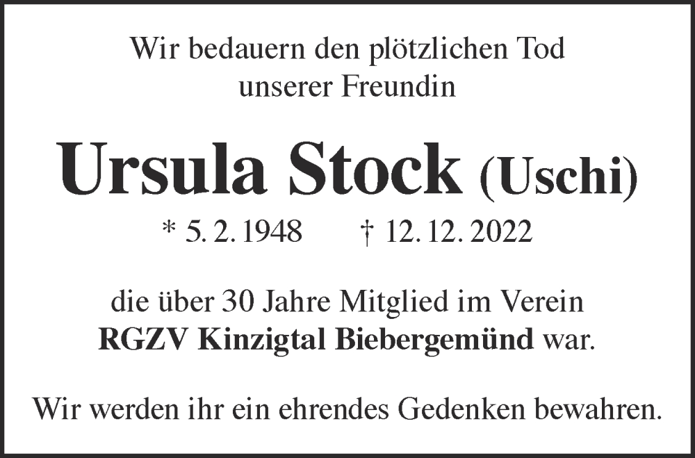  Traueranzeige für Ursula Stock vom 21.01.2023 aus Mittelhessen-Bote