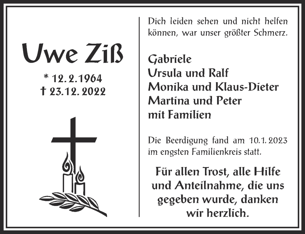  Traueranzeige für Uwe Ziß vom 14.01.2023 aus Gelnhäuser Neue Zeitung