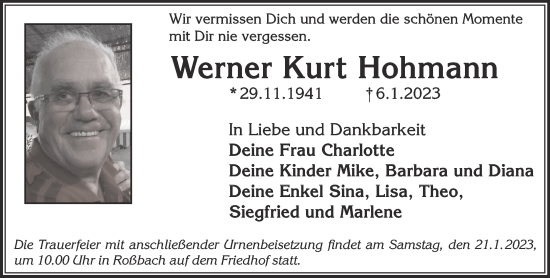 Traueranzeige von Werner Kurt Hohmann von Mittelhessen-Bote