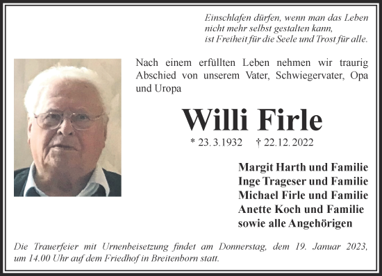 Traueranzeige von Willi Firle von Gelnhäuser Neue Zeitung