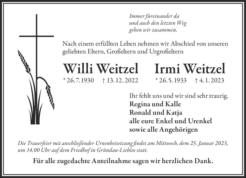  Traueranzeige für Willi und Irmi Weitzel vom 21.01.2023 aus Mittelhessen-Bote